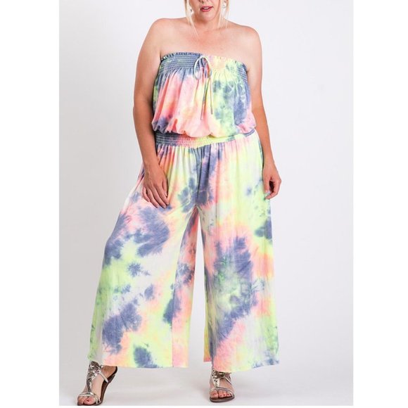 Plus Size Neon Tie Dye Cropped Wide Leg Jumpsuit - Picture 5 of 6